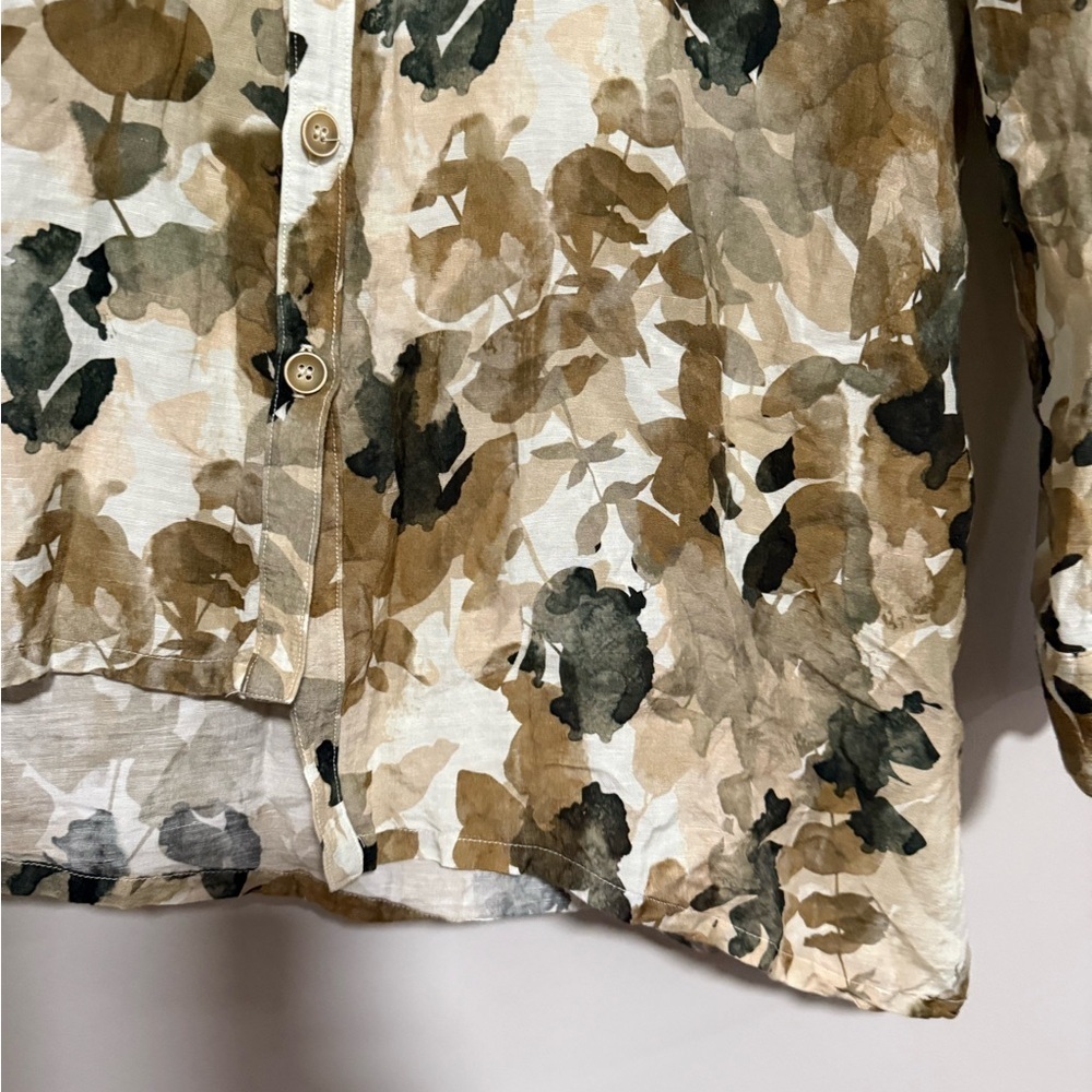 Lisa Bayne Floral Linen Blend Asymmetrical Button Up Top Size XL Lagenlook Artsy - Picture 8 of 10